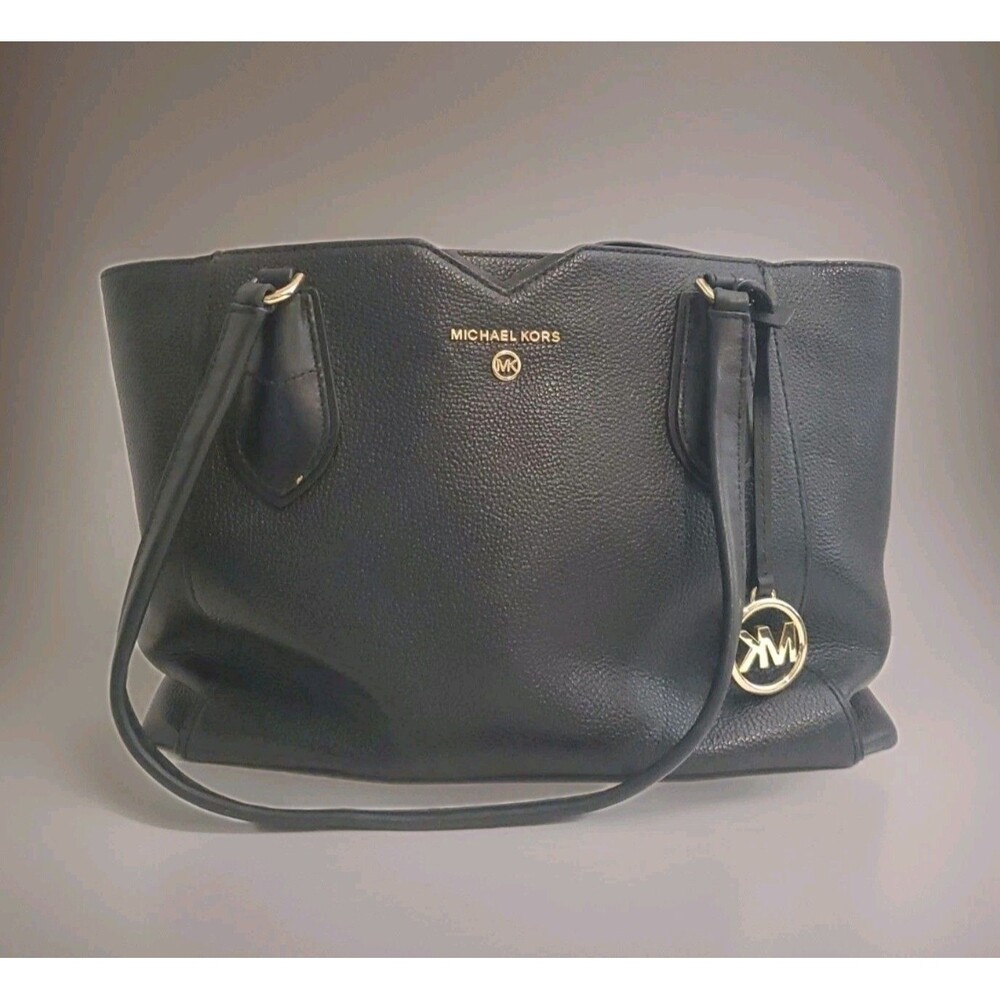 Michael Kors Mae Black Leather Tote Handbag Bag Gold Hardware